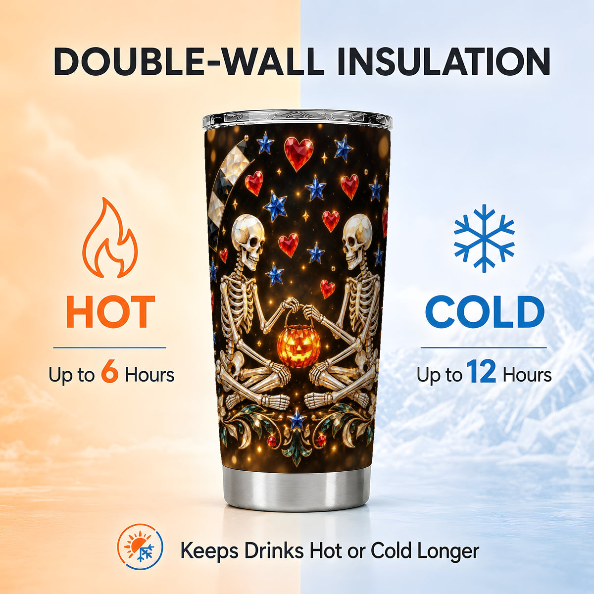 #pl[20oz|Steel] Skeleton Couple Tumbler 20oz, Pumpkin Tumbler, Stainless Steel Travel Cup
