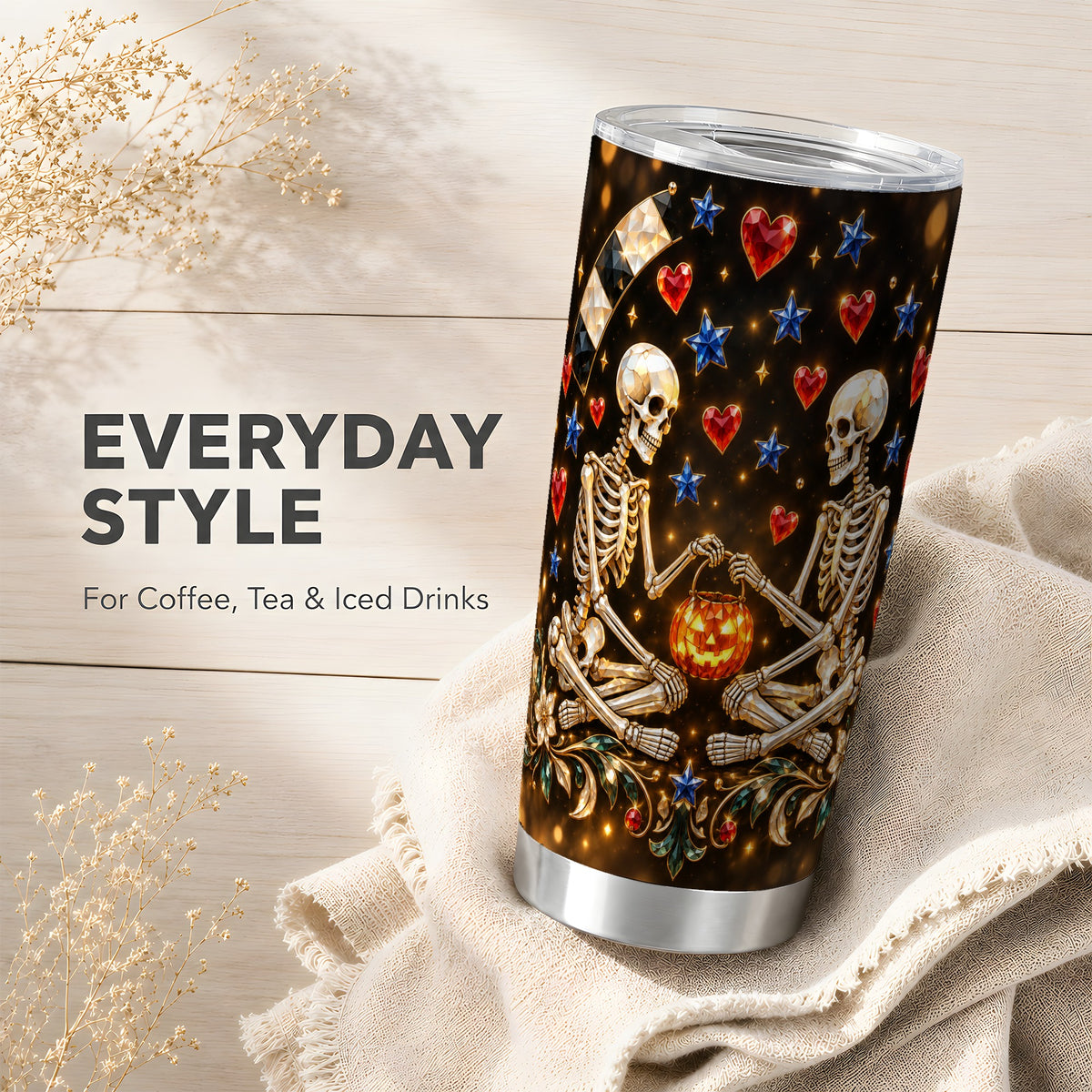 #pl[20oz|Steel] Skeleton Couple Tumbler 20oz, Pumpkin Tumbler, Stainless Steel Travel Cup