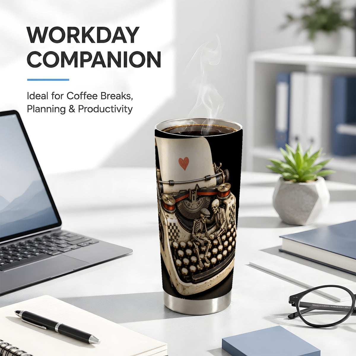 #pl[20oz|Steel] Skeleton Typewriter Tumbler 20oz, Gothic Tumbler, Steel Travel Cup