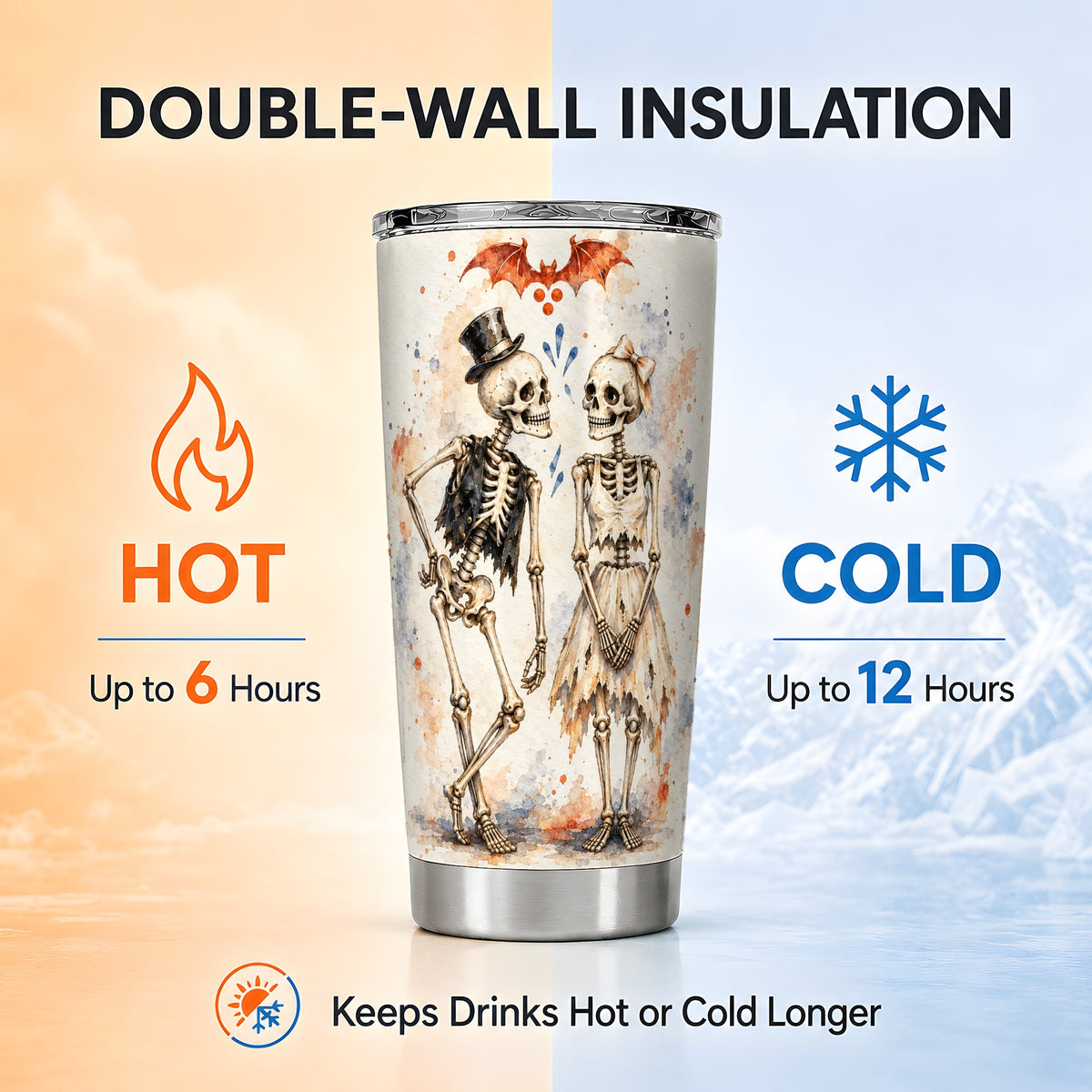 #pl[20oz|Steel] Skeleton Couple Tumbler 20oz, Gothic Tumbler, Stainless Steel Travel Cup