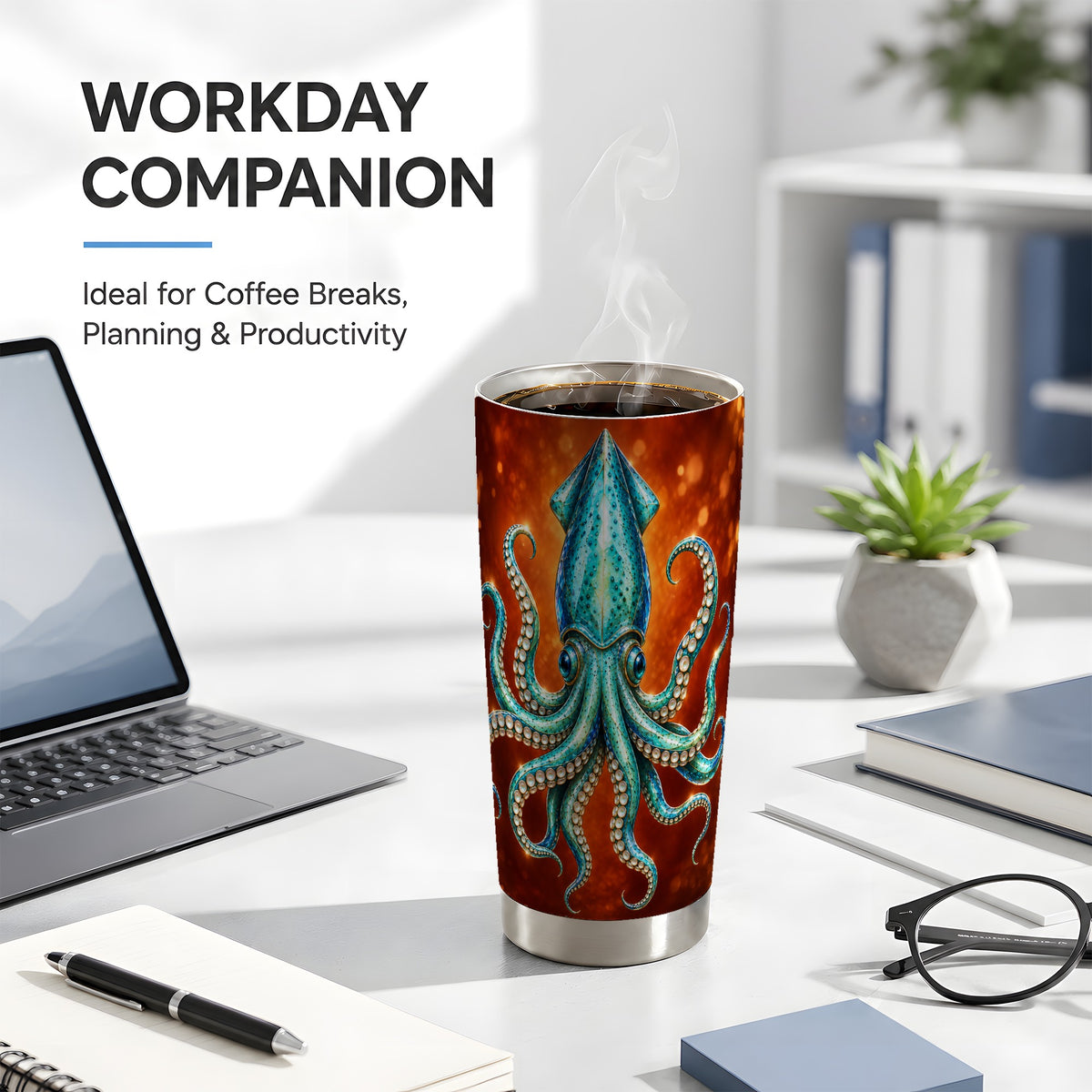#pl[20oz|Steel] Luminous Blue Squid 20oz Tumbler, Ocean Creature Steel Travel Cup