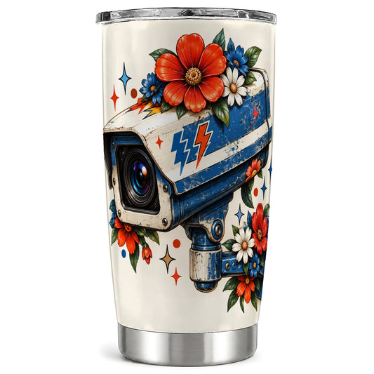 Floral Camera Tumbler 20oz, Retro Tumbler, Stainless Steel Travel Cup