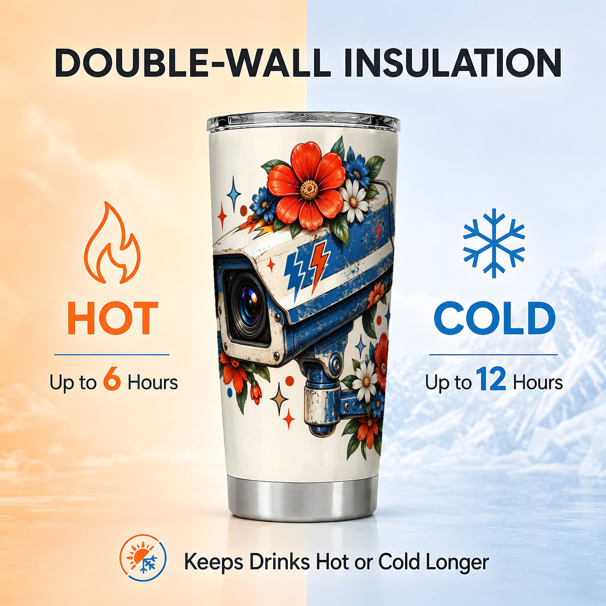 #pl[20oz|Steel] Floral Camera Tumbler 20oz, Retro Tumbler, Stainless Steel Travel Cup