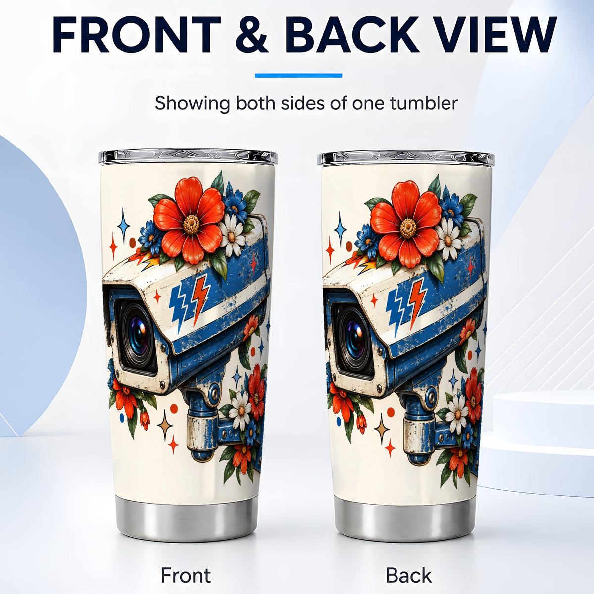 #pl[20oz|Steel] Floral Camera Tumbler 20oz, Retro Tumbler, Stainless Steel Travel Cup