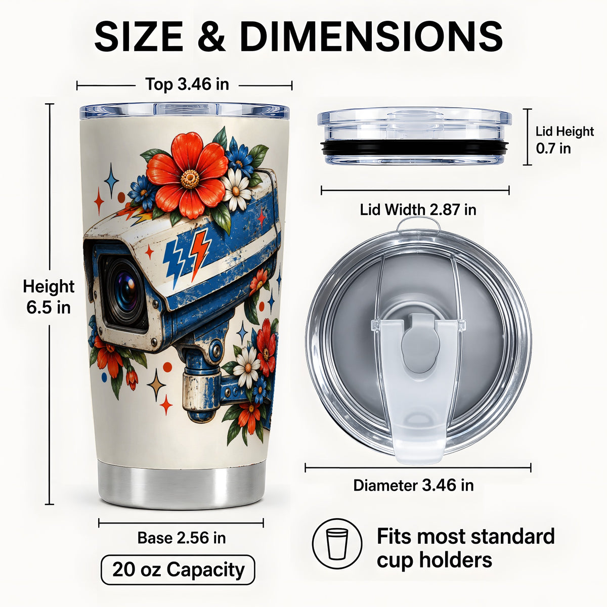 #pl[20oz|Steel] Floral Camera Tumbler 20oz, Retro Tumbler, Stainless Steel Travel Cup