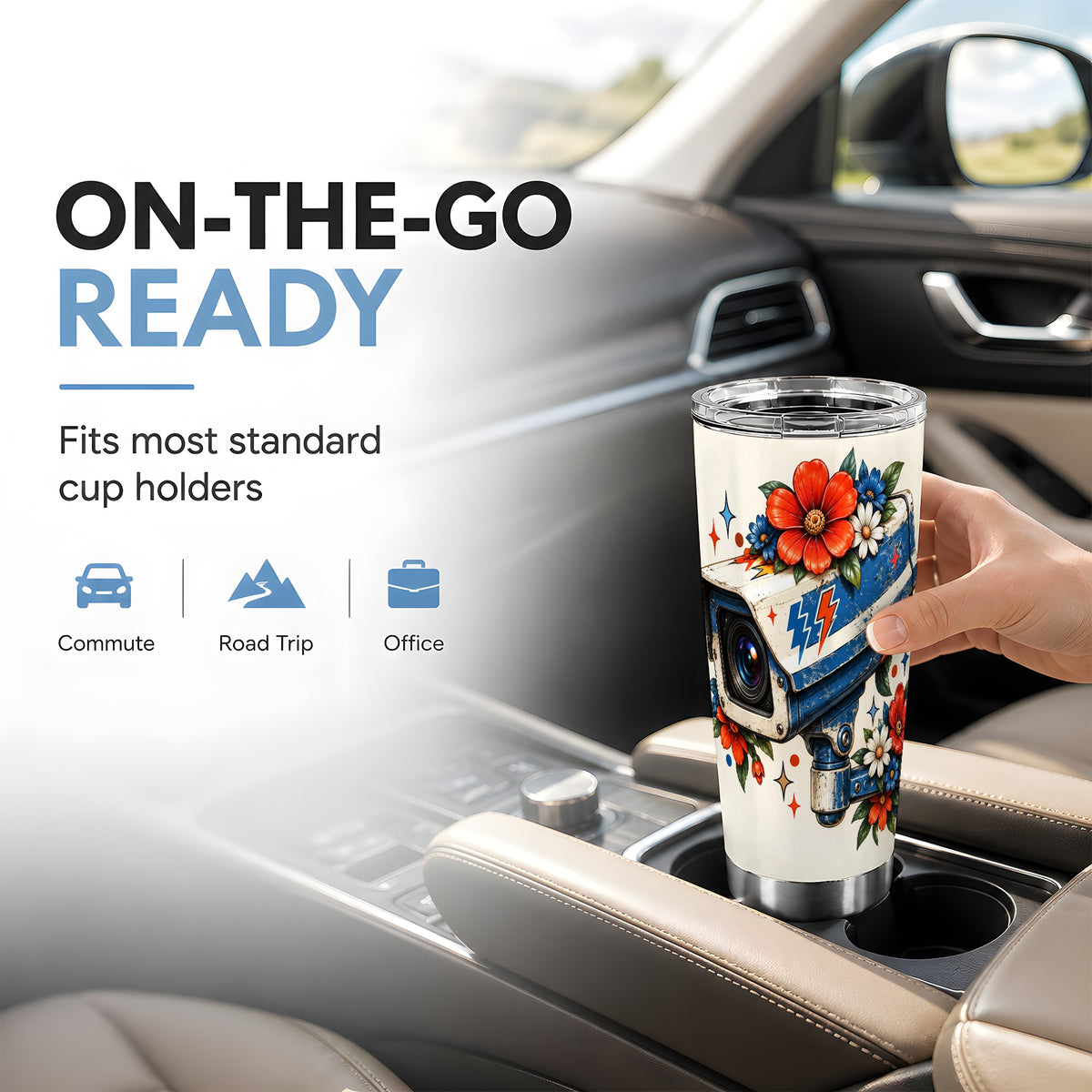 #pl[20oz|Steel] Floral Camera Tumbler 20oz, Retro Tumbler, Stainless Steel Travel Cup