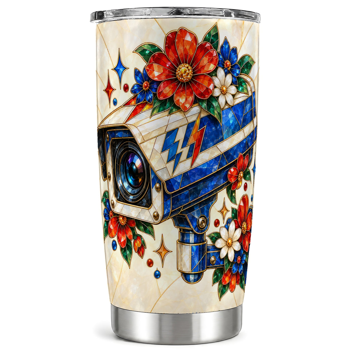 Floral Camera Tumbler 20oz, Mosaic Tumbler, Stainless Steel Travel Cup