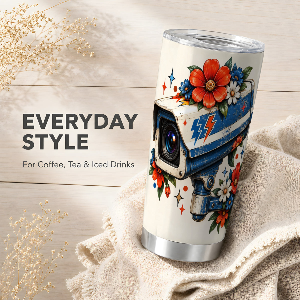 #pl[20oz|Steel] Floral Camera Tumbler 20oz, Retro Tumbler, Stainless Steel Travel Cup