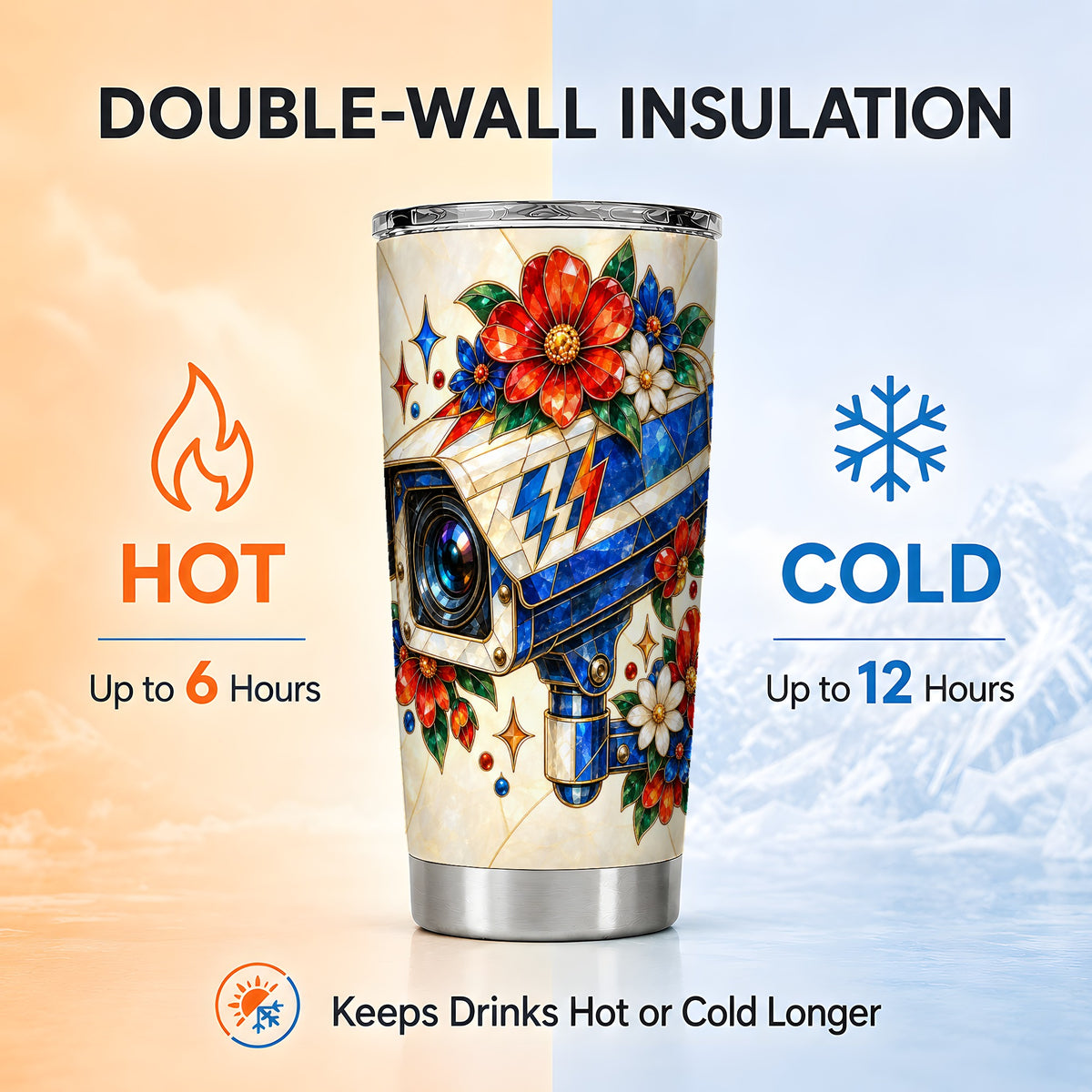 #pl[20oz|Steel] Floral Camera Tumbler 20oz, Mosaic Tumbler, Stainless Steel Travel Cup