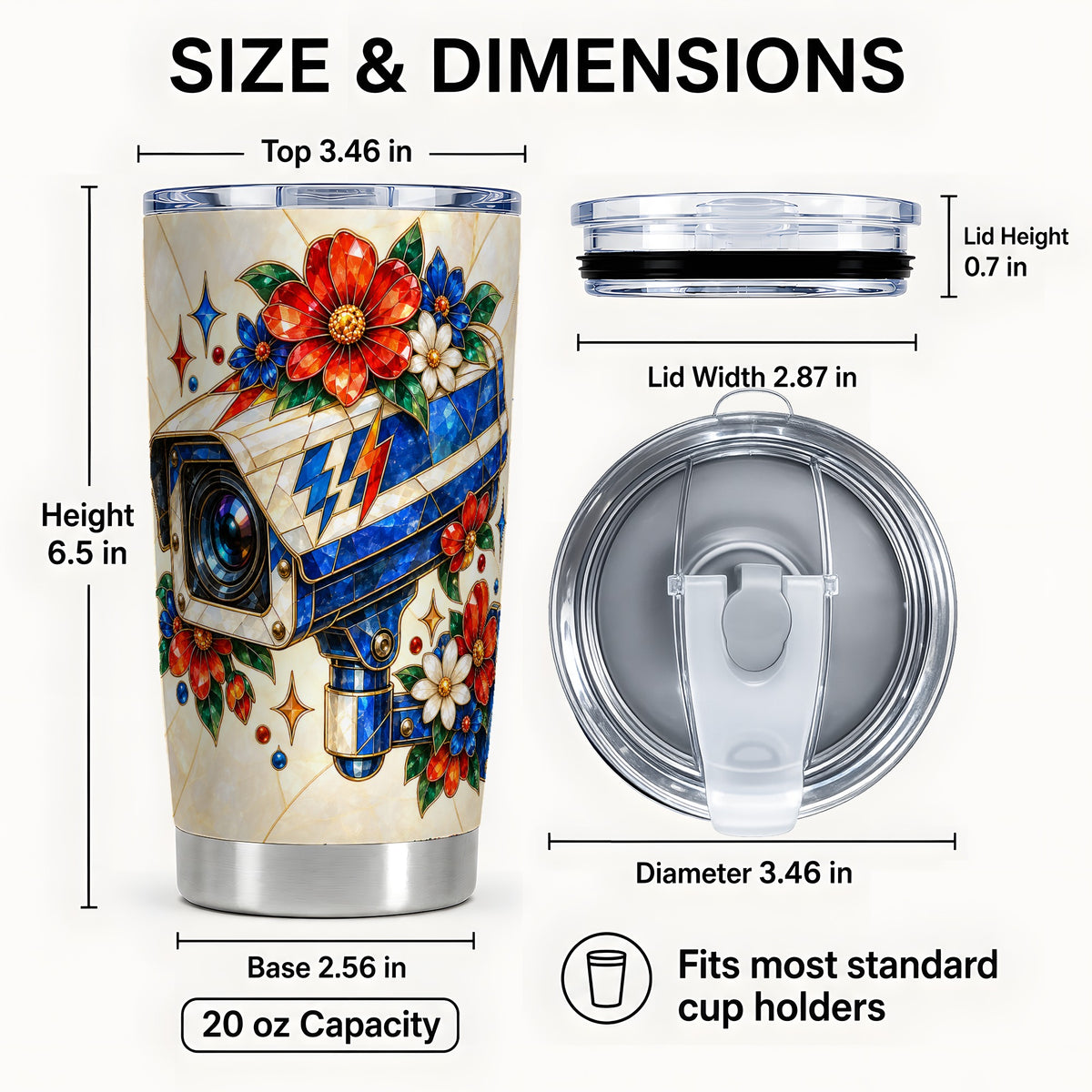 #pl[20oz|Steel] Floral Camera Tumbler 20oz, Mosaic Tumbler, Stainless Steel Travel Cup