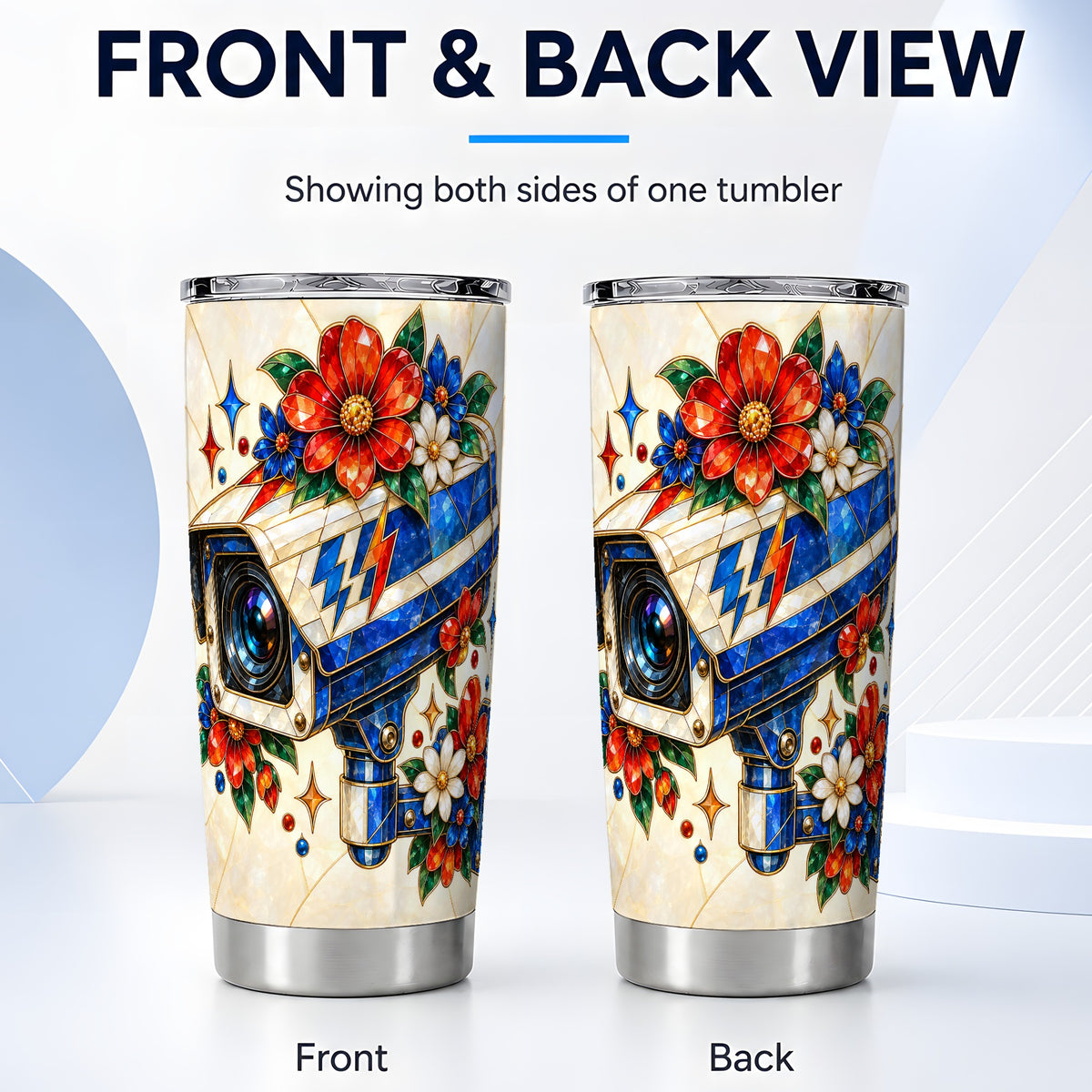 #pl[20oz|Steel] Floral Camera Tumbler 20oz, Mosaic Tumbler, Stainless Steel Travel Cup