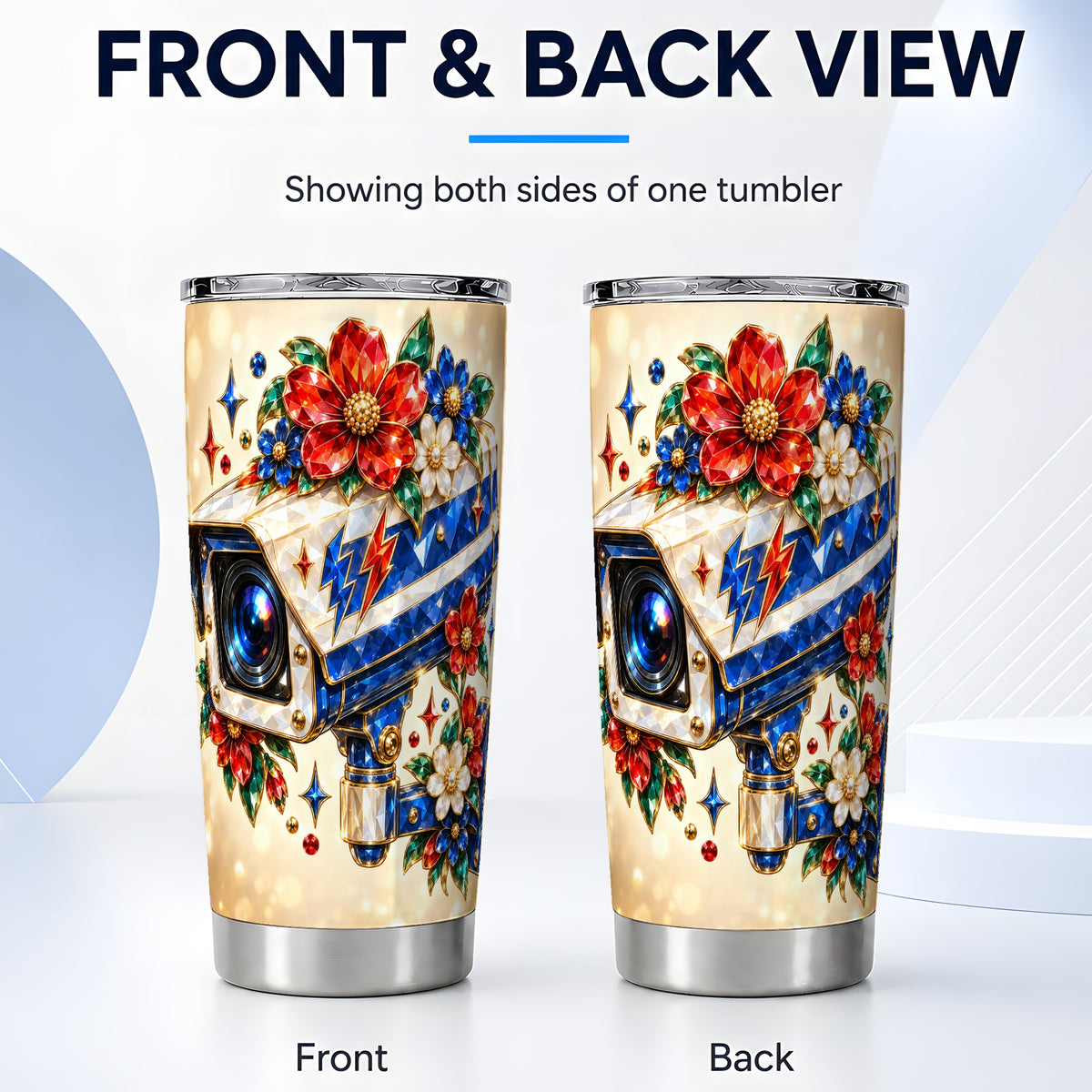 #pl[20oz|Steel] Jeweled Camera Tumbler 20oz, Floral Tumbler, Stainless Steel Travel Cup