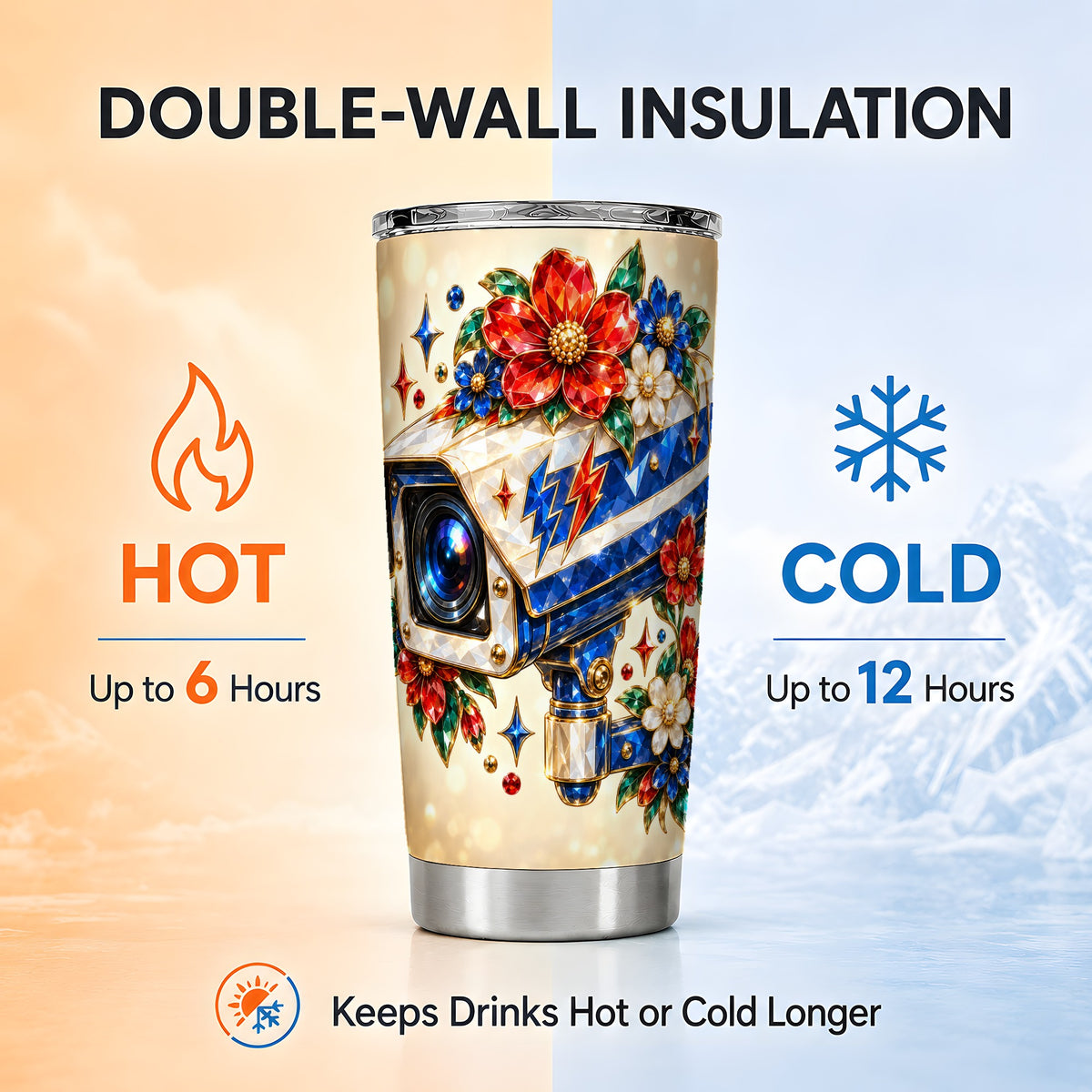 #pl[20oz|Steel] Jeweled Camera Tumbler 20oz, Floral Tumbler, Stainless Steel Travel Cup