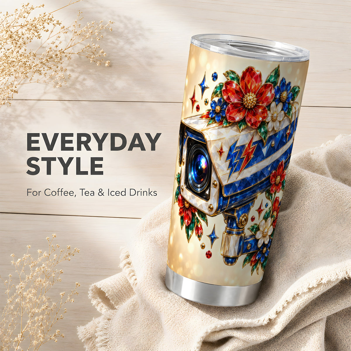 #pl[20oz|Steel] Jeweled Camera Tumbler 20oz, Floral Tumbler, Stainless Steel Travel Cup