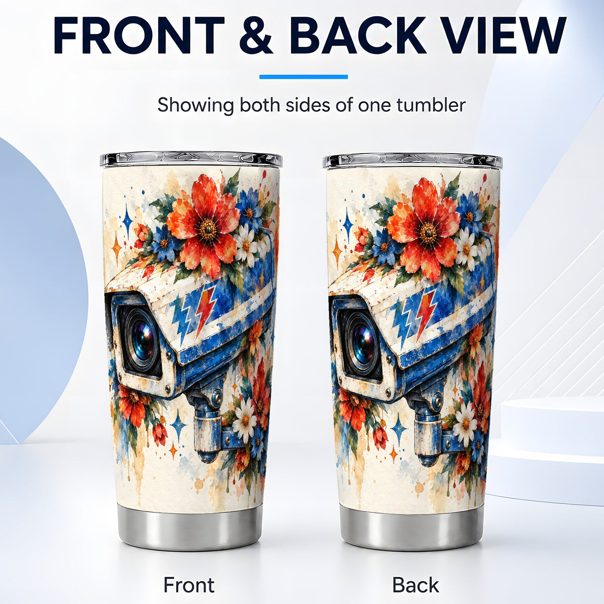 #pl[20oz|Steel] Watercolor Camera Tumbler 20oz, Floral Tumbler, Stainless Steel Travel Cup