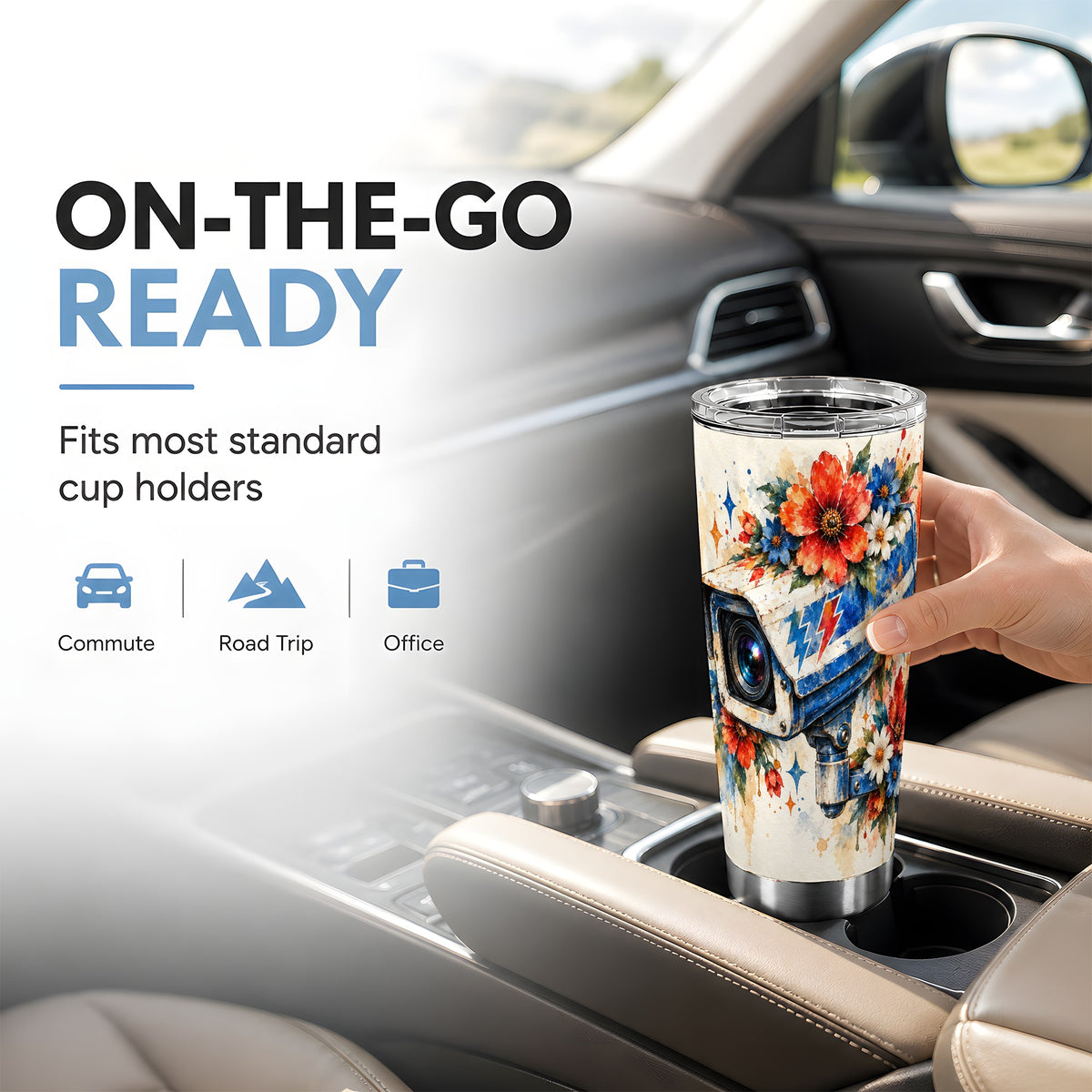 #pl[20oz|Steel] Watercolor Camera Tumbler 20oz, Floral Tumbler, Stainless Steel Travel Cup