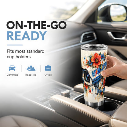 #pl[20oz|Steel] Watercolor Camera Tumbler 20oz, Floral Tumbler, Stainless Steel Travel Cup