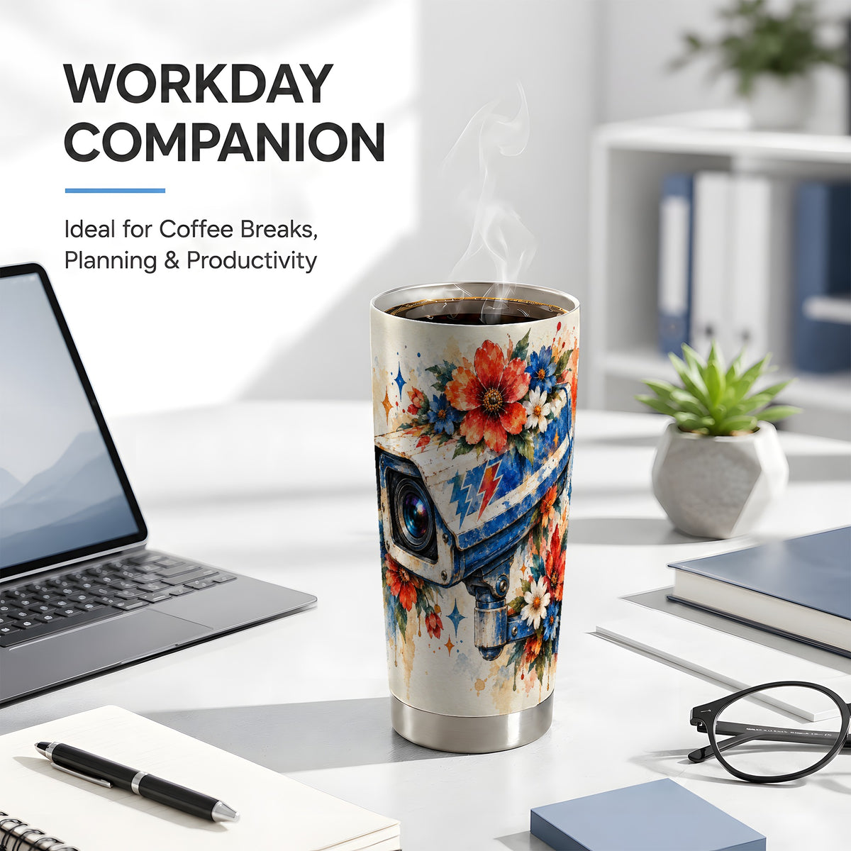 #pl[20oz|Steel] Watercolor Camera Tumbler 20oz, Floral Tumbler, Stainless Steel Travel Cup