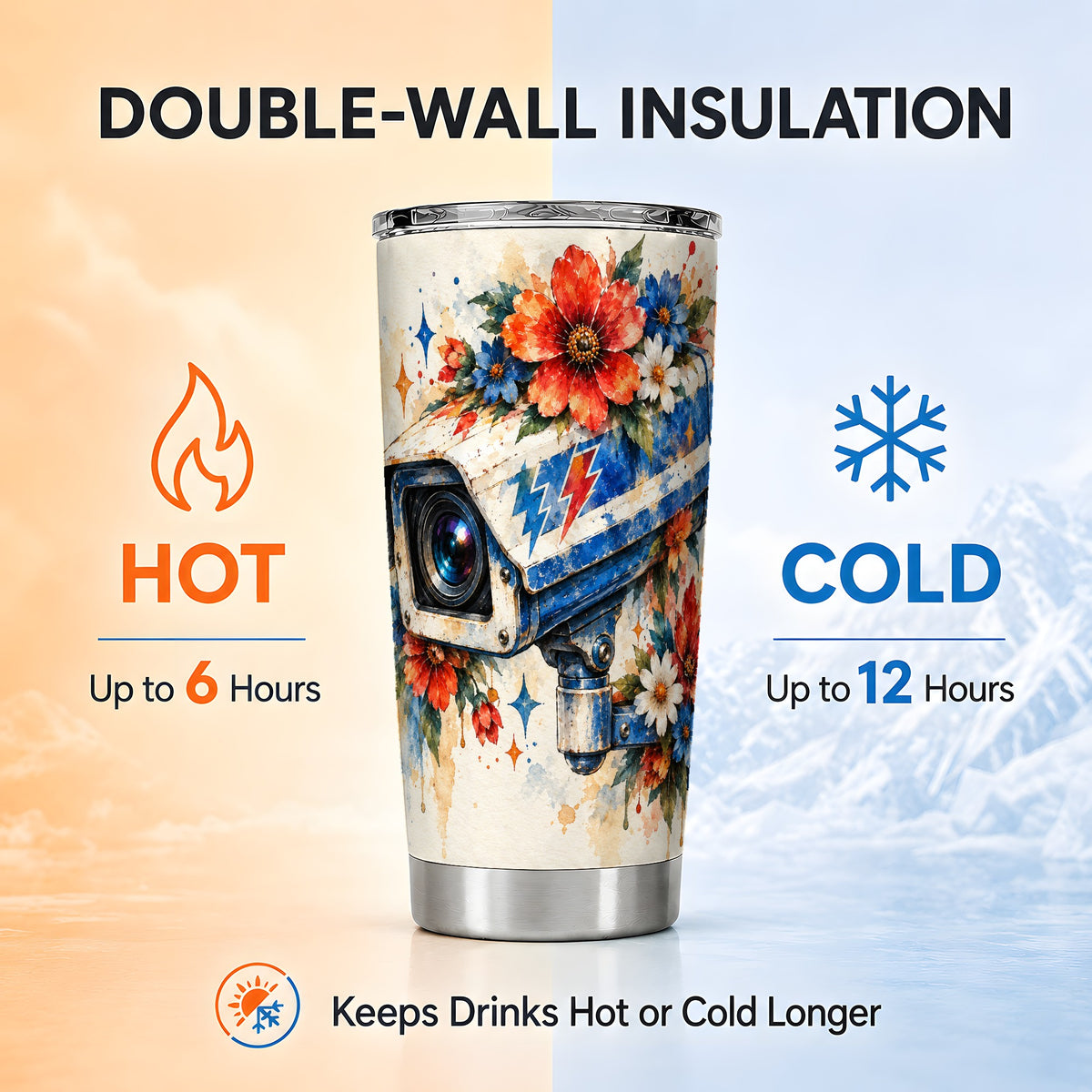 #pl[20oz|Steel] Watercolor Camera Tumbler 20oz, Floral Tumbler, Stainless Steel Travel Cup
