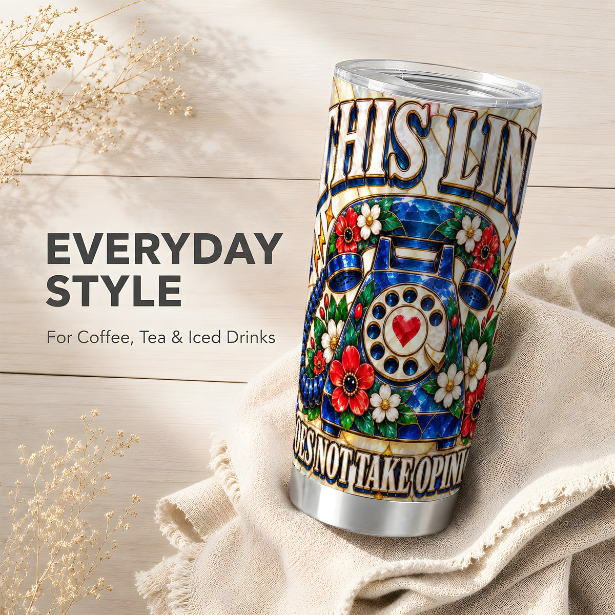 #pl[20oz|Steel] Stained Glass Style Rotary Phone 20oz Tumbler, Floral Travel Cup