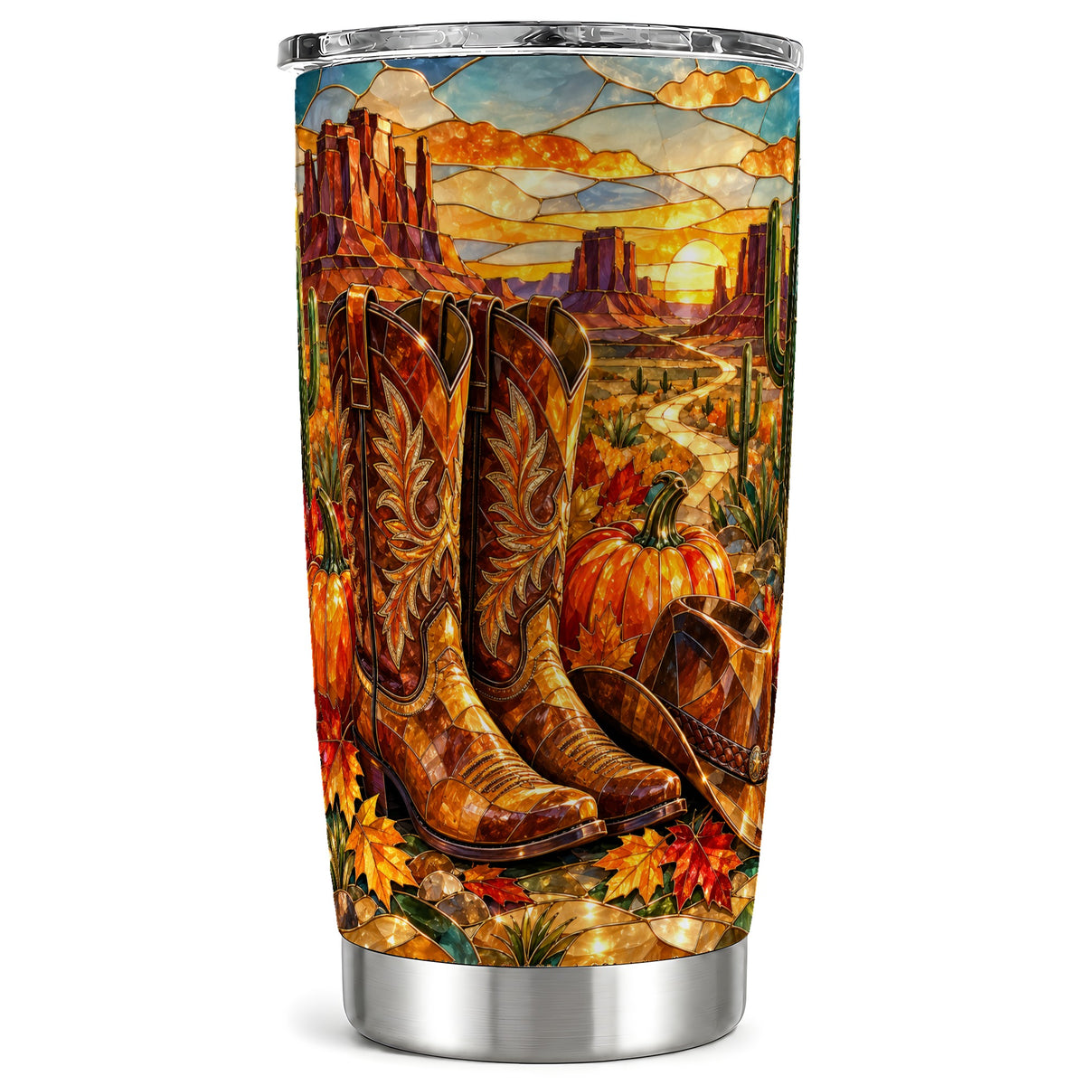 Stained Glass Style Cowboy Boots 20oz Tumbler, Western Travel Cup