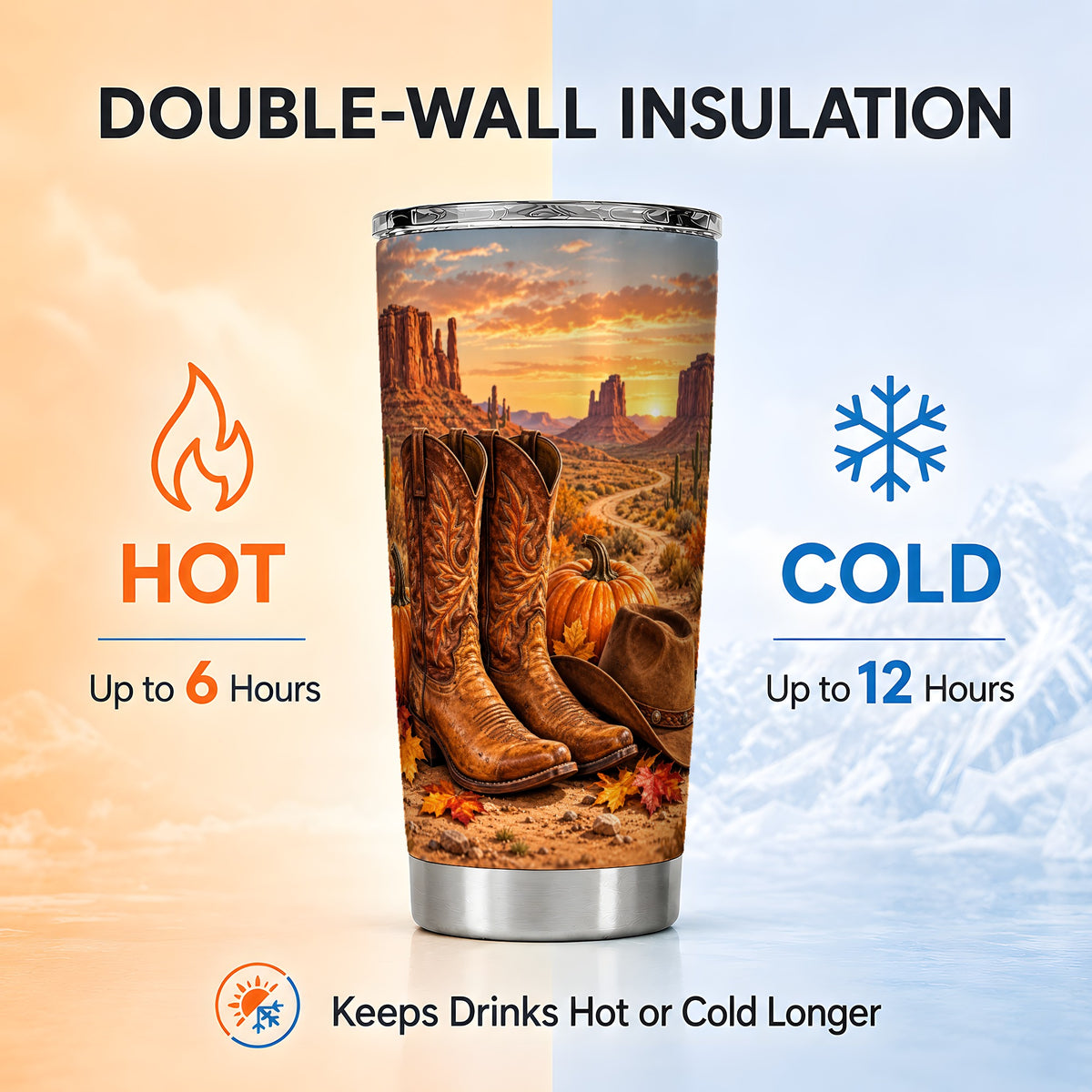 #pl[20oz|Steel] Western Autumn Tumbler 20oz, Cowboy Boots Stainless Steel Travel Cup