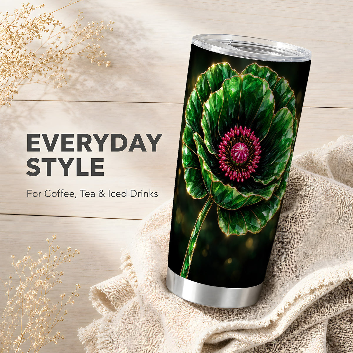 #pl[20oz|Steel] Emerald Floral Tumbler 20oz, Gemstone Style Stainless Steel Travel Cup