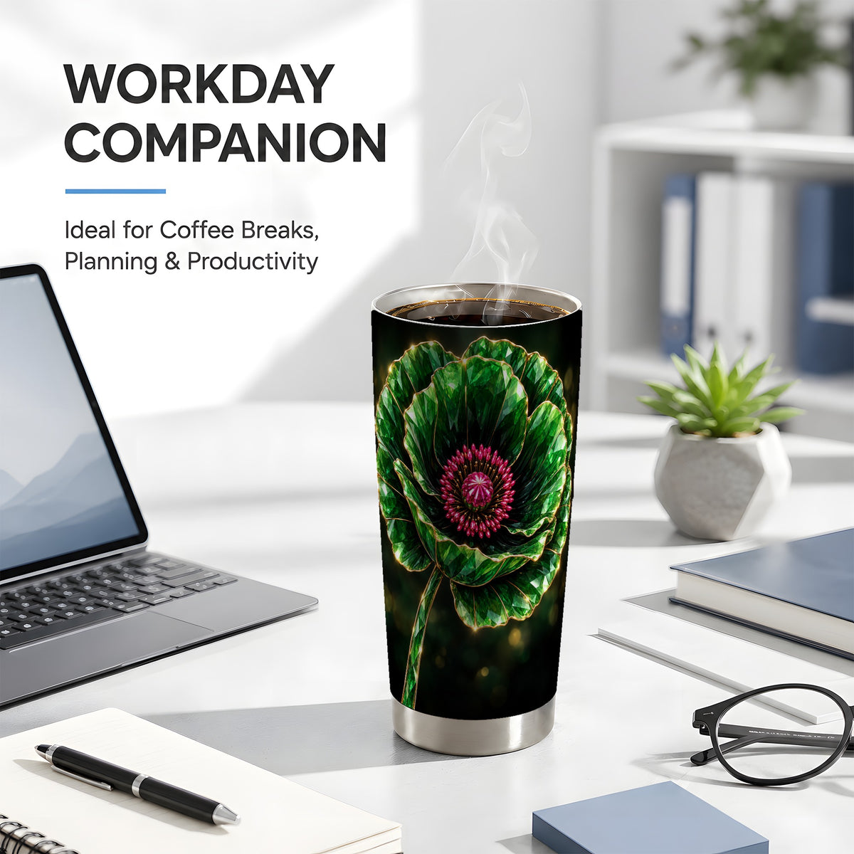 #pl[20oz|Steel] Emerald Floral Tumbler 20oz, Gemstone Style Stainless Steel Travel Cup