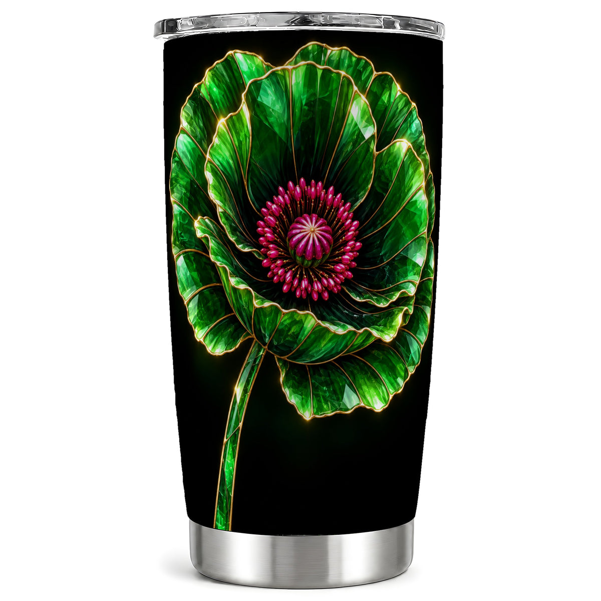 Green Crystal Flower Tumbler 20oz, Botanical Stainless Steel Travel Cup
