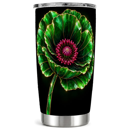 Green Crystal Flower Tumbler 20oz, Botanical Stainless Steel Travel Cup