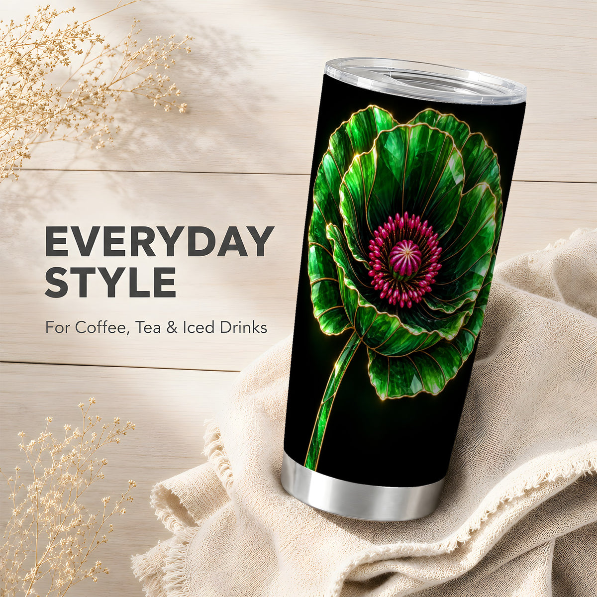 #pl[20oz|Steel] Green Crystal Flower Tumbler 20oz, Botanical Stainless Steel Travel Cup