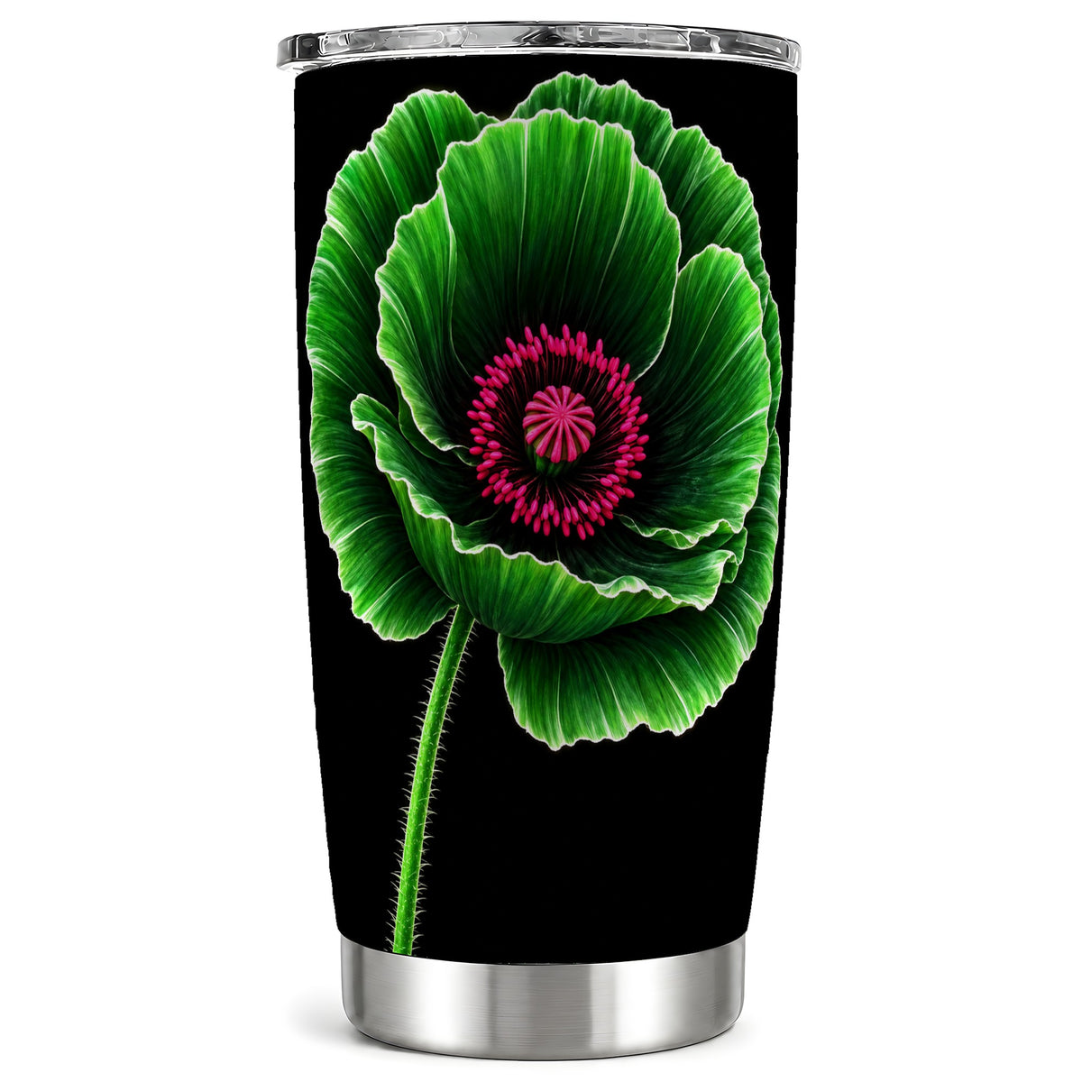 Green Poppy Tumbler 20oz, Botanical Flower Stainless Steel Travel Cup