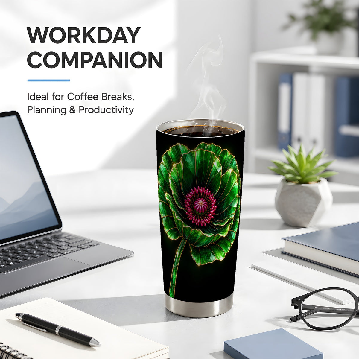 #pl[20oz|Steel] Green Crystal Flower Tumbler 20oz, Botanical Stainless Steel Travel Cup