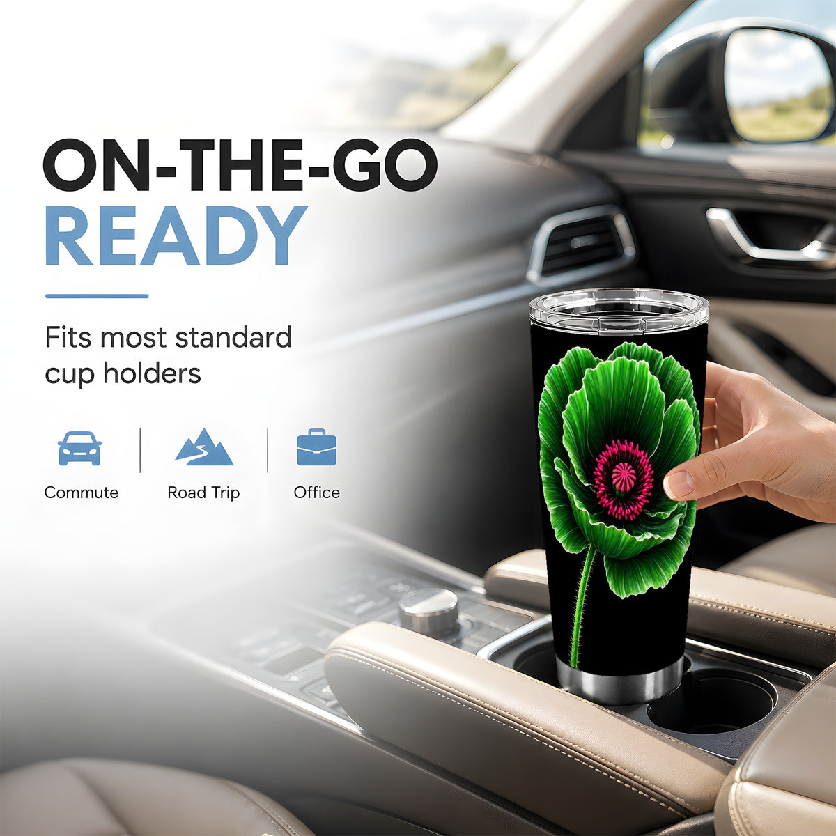#pl[20oz|Steel] Green Poppy Tumbler 20oz, Botanical Flower Stainless Steel Travel Cup