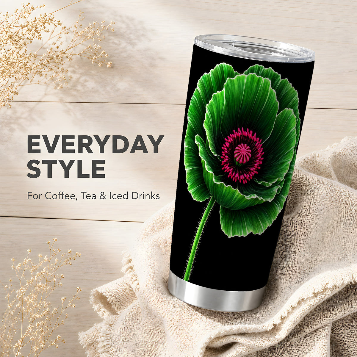 #pl[20oz|Steel] Green Poppy Tumbler 20oz, Botanical Flower Stainless Steel Travel Cup