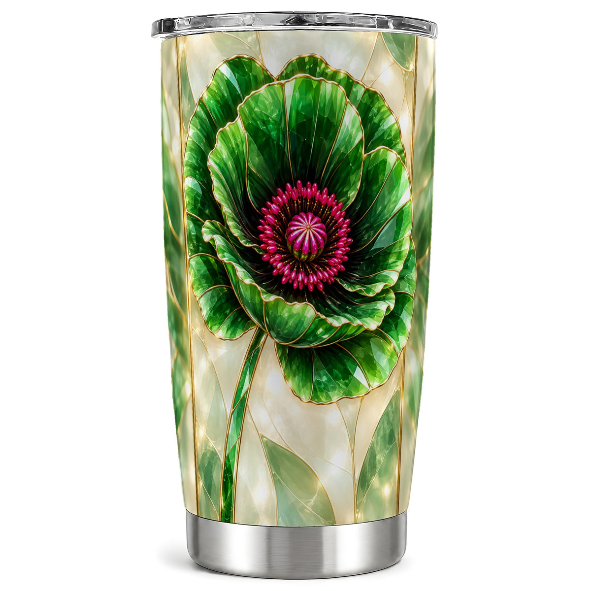 Emerald Poppy Tumbler 20oz, Stained Glass Style Stainless Steel Travel Cup
