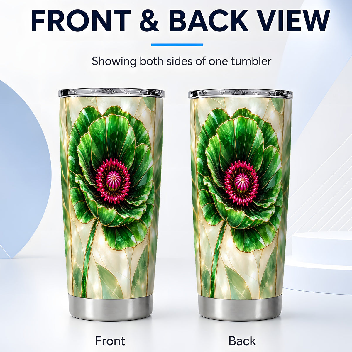 #pl[20oz|Steel] Emerald Poppy Tumbler 20oz, Stained Glass Style Stainless Steel Travel Cup