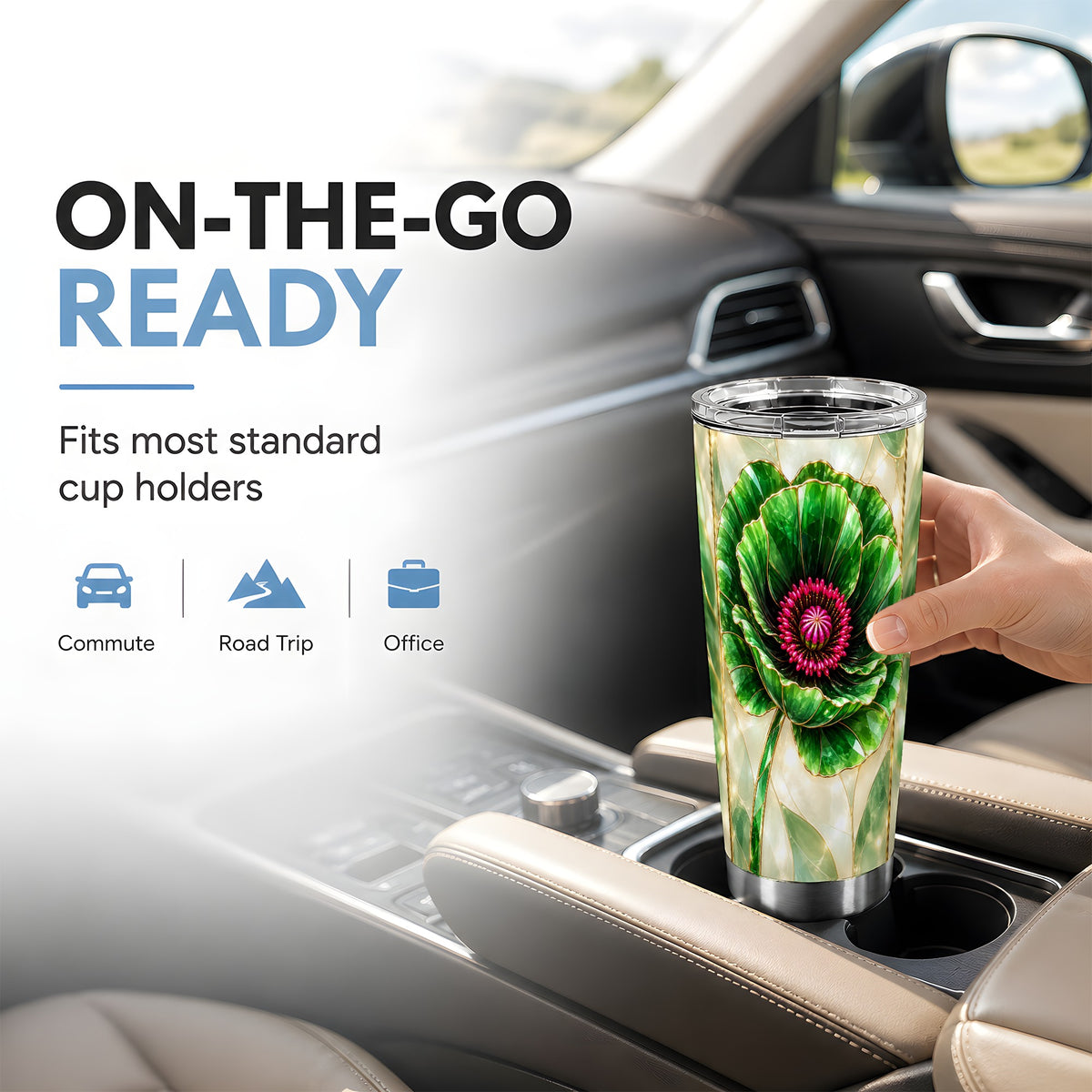 #pl[20oz|Steel] Emerald Poppy Tumbler 20oz, Stained Glass Style Stainless Steel Travel Cup