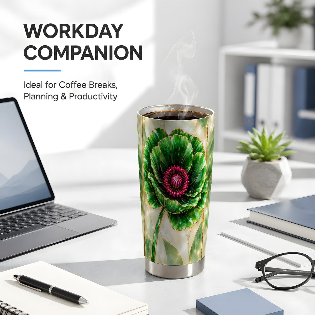 #pl[20oz|Steel] Emerald Poppy Tumbler 20oz, Stained Glass Style Stainless Steel Travel Cup