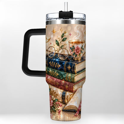 #pl[40oz|Black] Book Lover 40oz Tumbler with Handle, Floral Reading Travel Cup