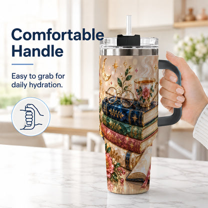 #pl[40oz|Black] Book Lover 40oz Tumbler with Handle, Floral Reading Travel Cup