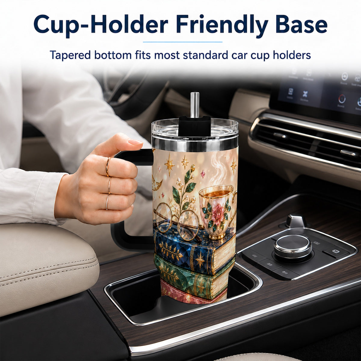 #pl[40oz|Black] Book Lover 40oz Tumbler with Handle, Floral Reading Travel Cup