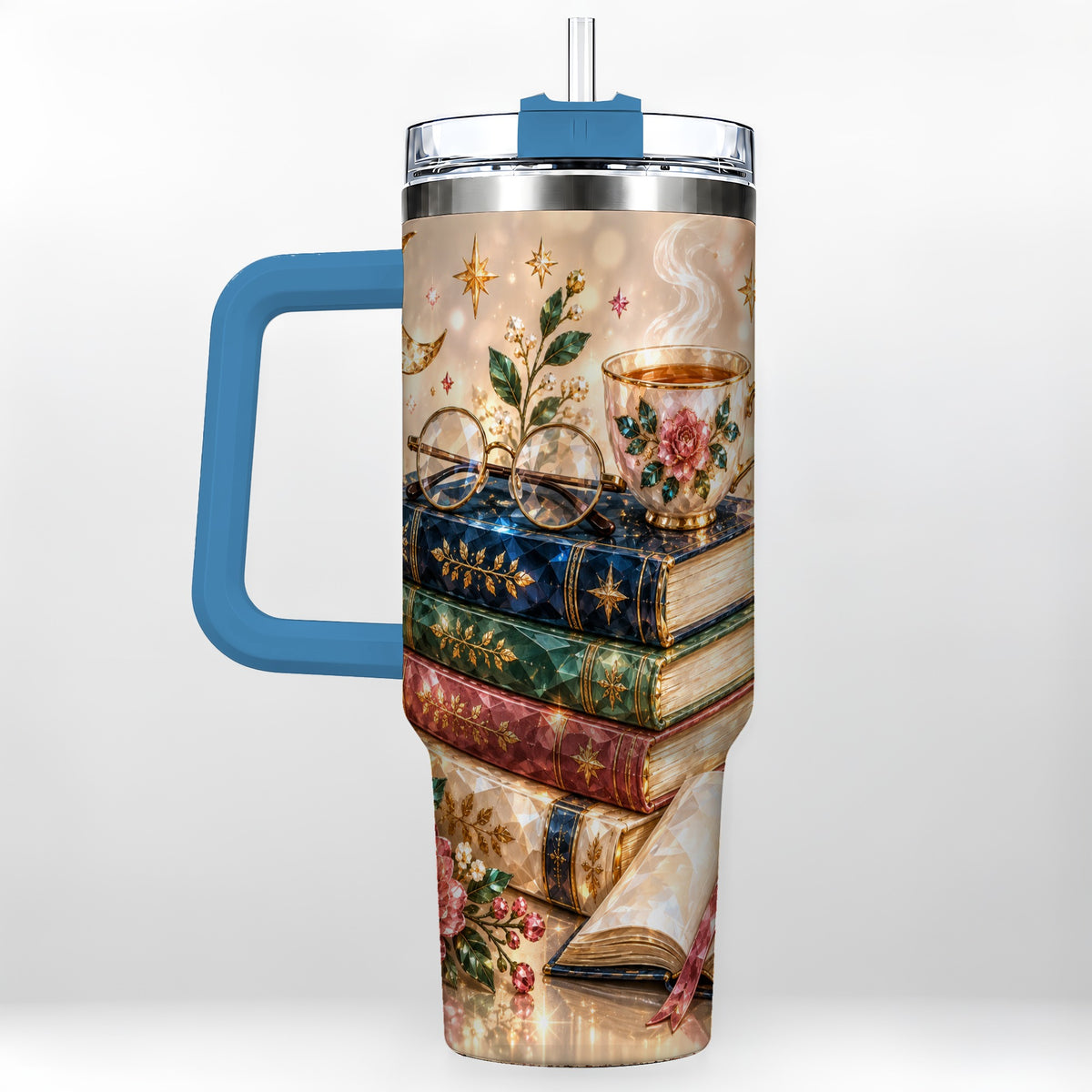 #pl[40oz|Blue] Book Lover 40oz Tumbler with Handle, Floral Reading Travel Cup