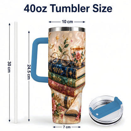#pl[40oz|Blue] Book Lover 40oz Tumbler with Handle, Floral Reading Travel Cup
