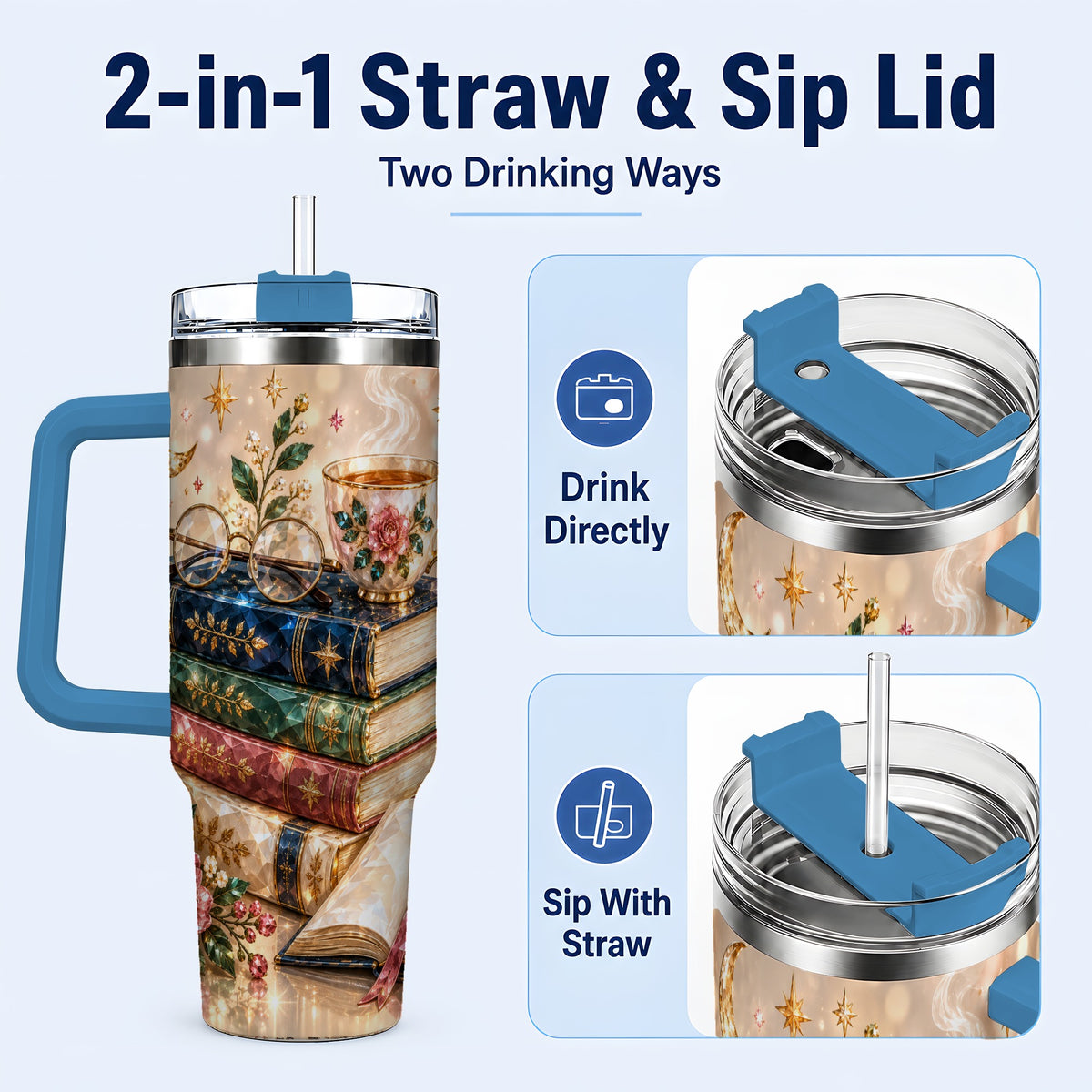 #pl[40oz|Blue] Book Lover 40oz Tumbler with Handle, Floral Reading Travel Cup