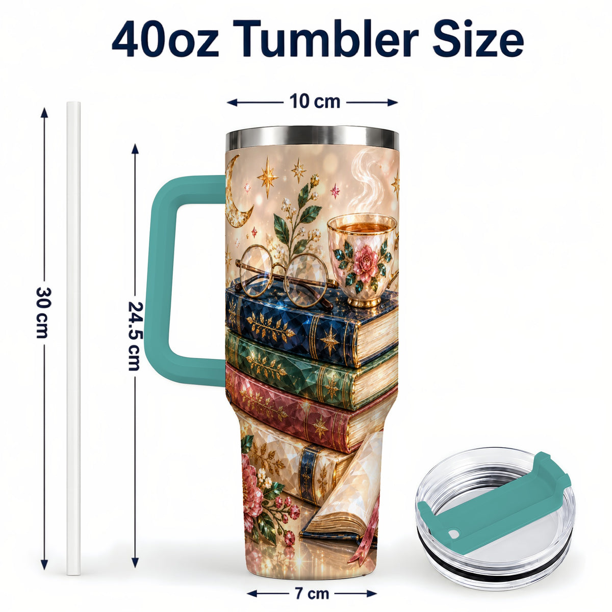 #pl[40oz|Green] Book Lover 40oz Tumbler with Handle, Floral Reading Travel Cup