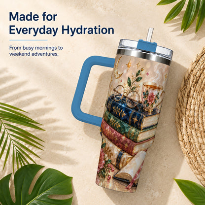 #pl[40oz|Blue] Book Lover 40oz Tumbler with Handle, Floral Reading Travel Cup