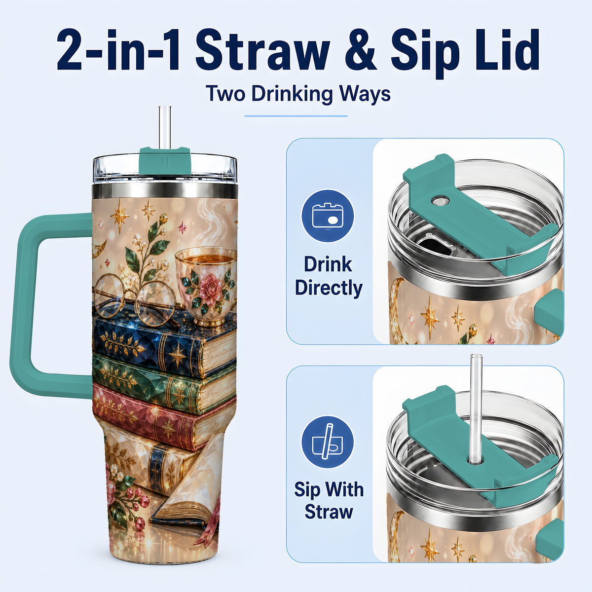 #pl[40oz|Green] Book Lover 40oz Tumbler with Handle, Floral Reading Travel Cup