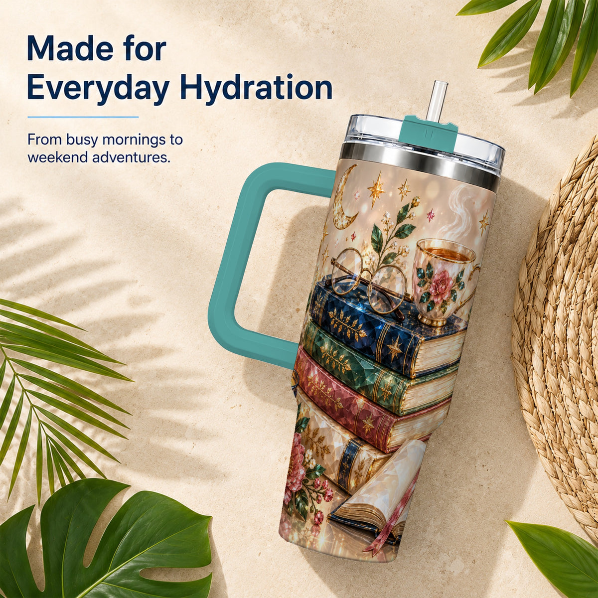 #pl[40oz|Green] Book Lover 40oz Tumbler with Handle, Floral Reading Travel Cup