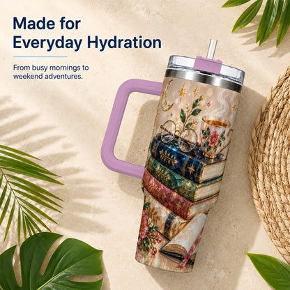#pl[40oz|Pink] Book Lover 40oz Tumbler with Handle, Floral Reading Travel Cup